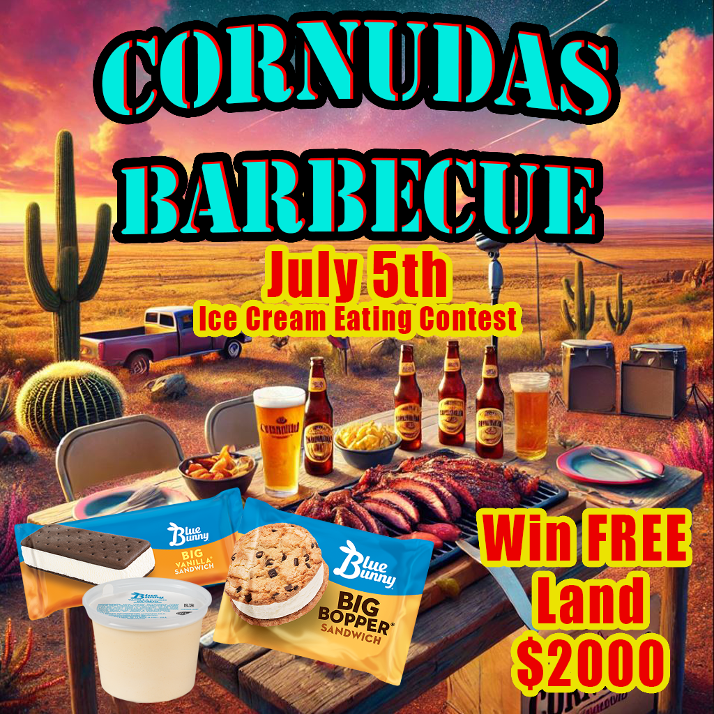 Cornudas barbecue flyer for July 5th with ice cream eating contest and $2000 land giveaway, desert sunset background