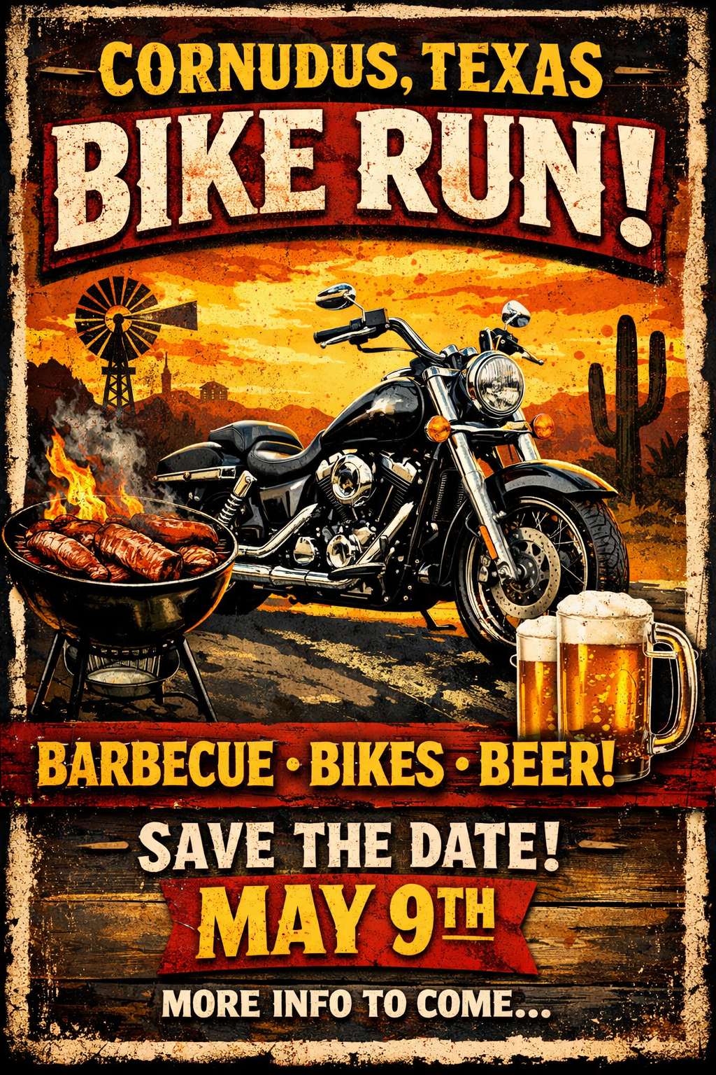 Vintage poster for Cornudus, Texas Bike Run, with motorcycle, barbecue, beer, and “Save the Date! May 9th” text.