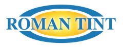 A roman tint logo with a blue circle around it