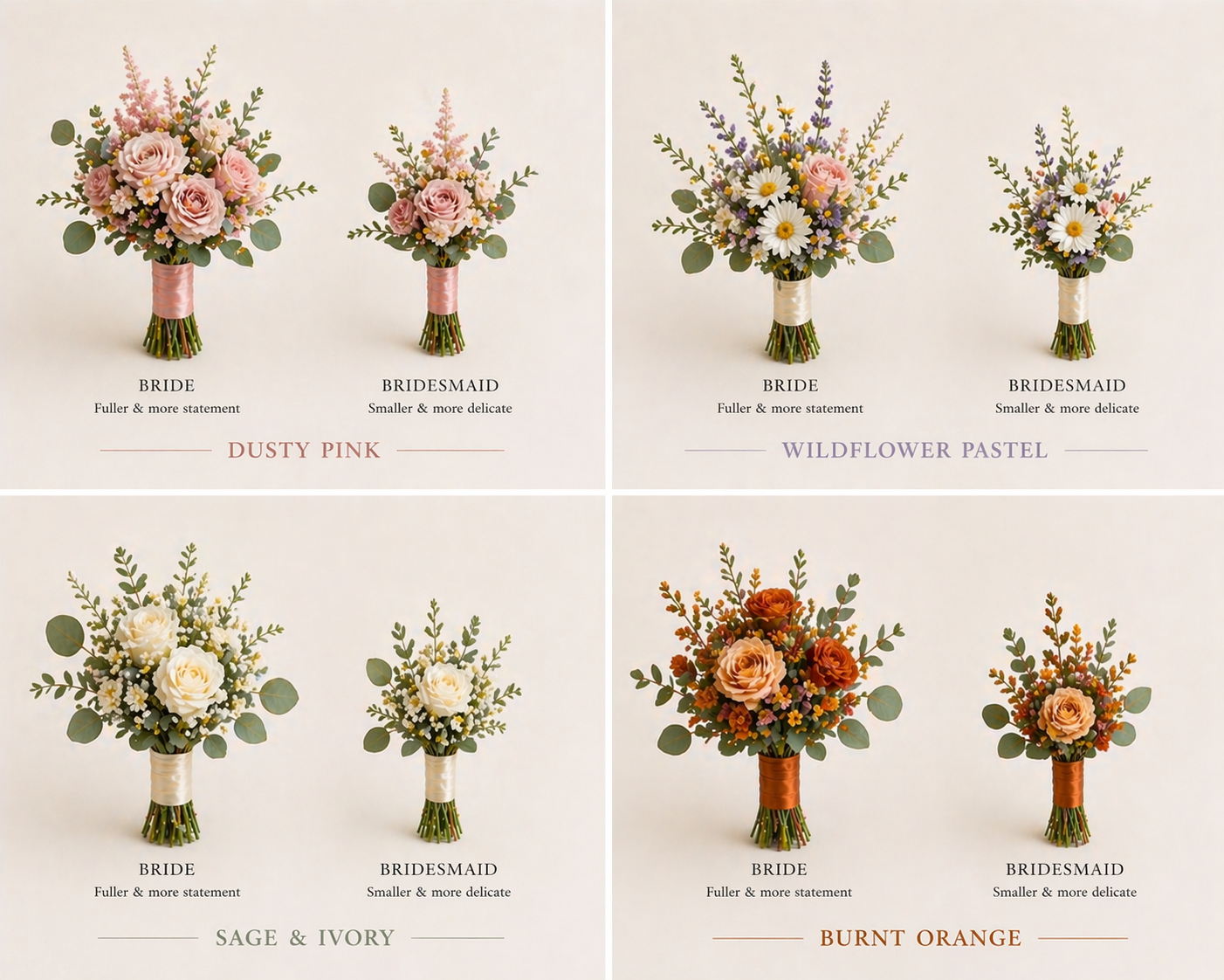 Six floral bouquet arrangements in pink, white, and orange with labels and prices on a white background