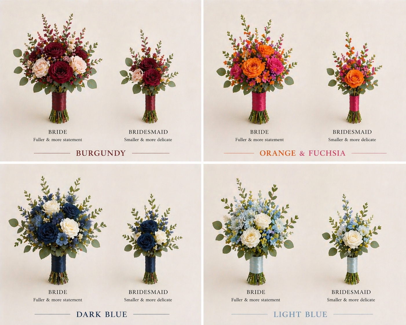 Six floral bouquet arrangements in pink, white, and orange with labels and prices on a white background
