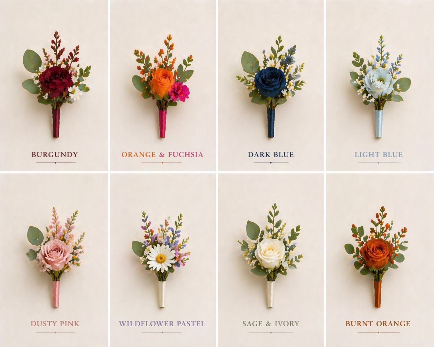 Eight small floral bouquets in a 2x4 grid, each in a different color palette.