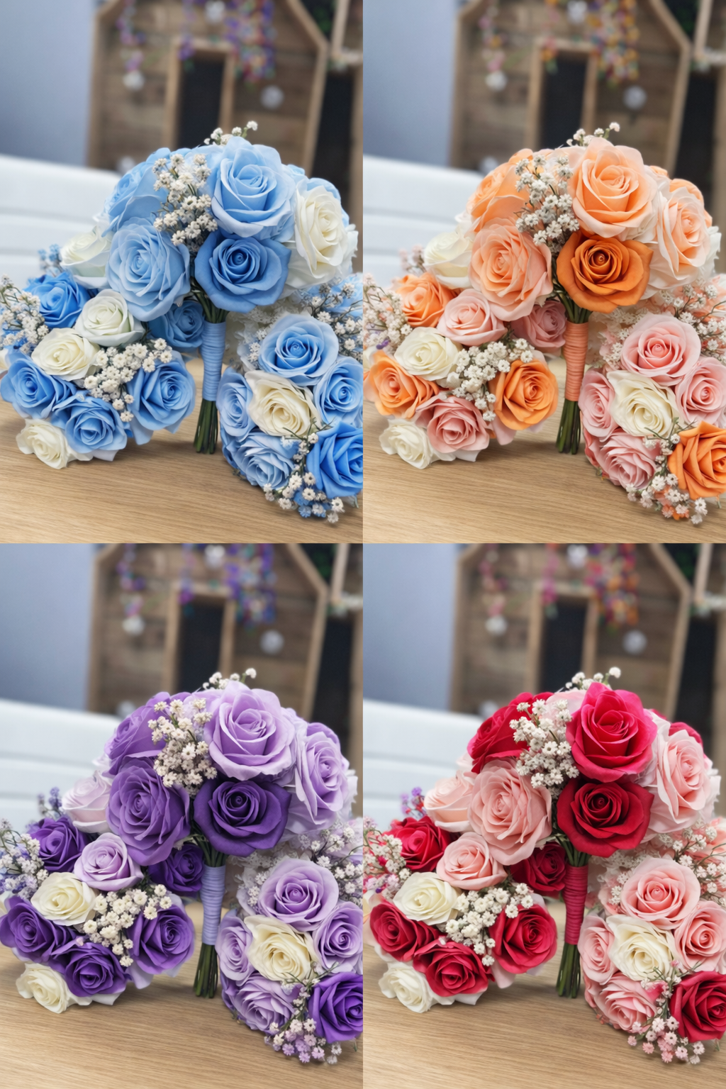 Four rose bouquets in blue, peach, purple, and red arranged in a 2x2 collage