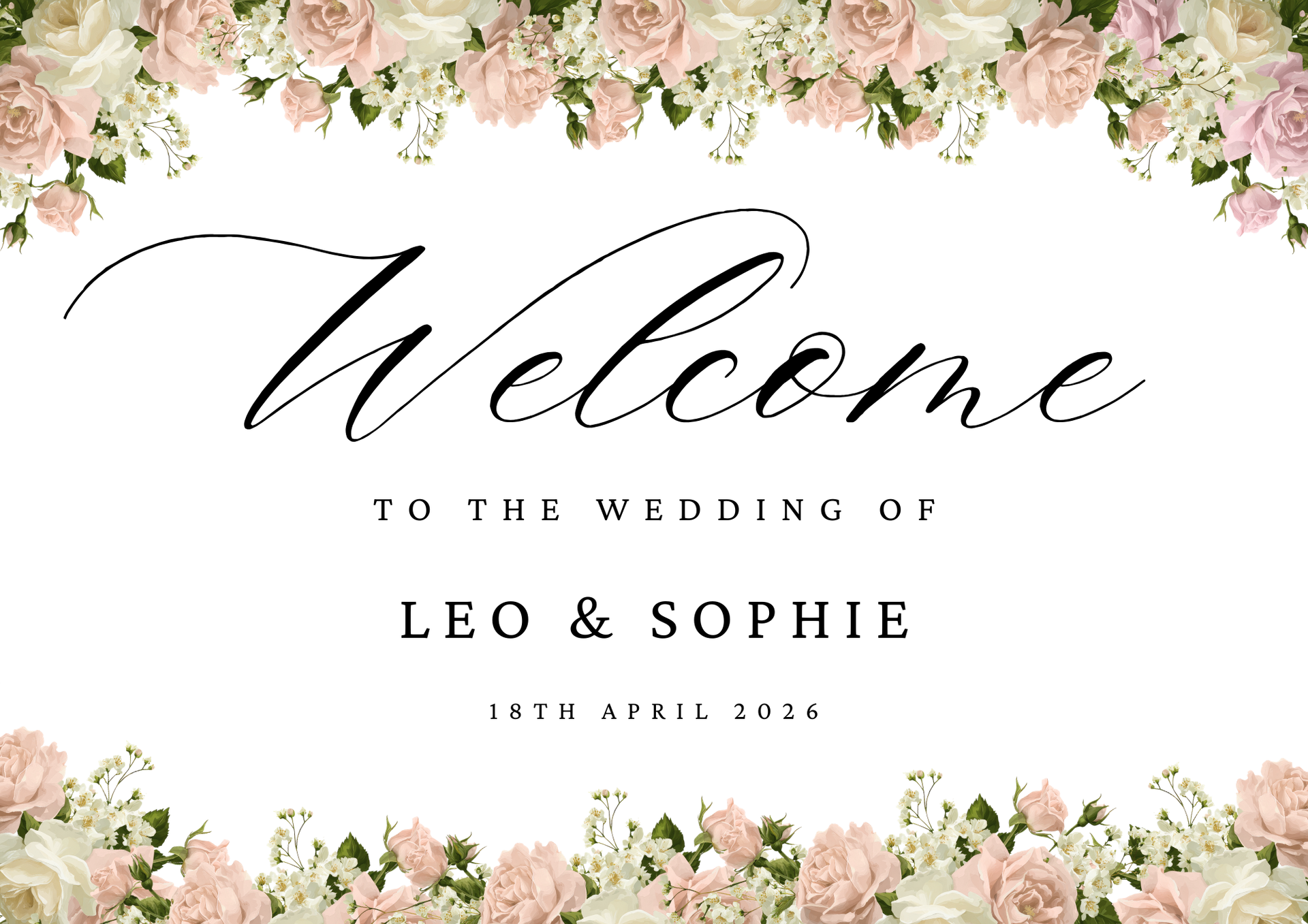 Floral wedding seating chart with names arranged in columns on a white background.