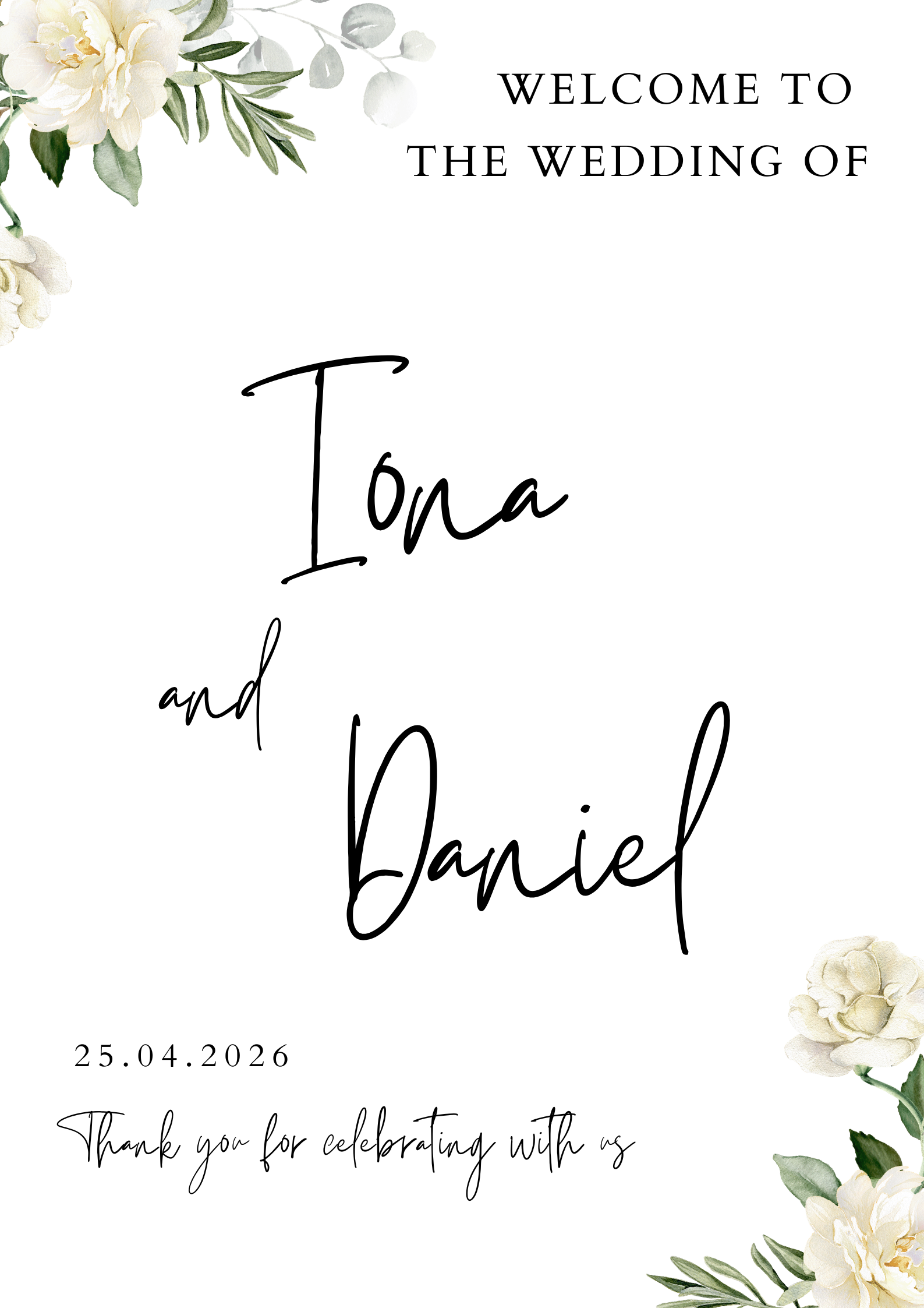 Floral wedding welcome sign with pink roses and gold script for Leo and Sophie, 17th April 2025