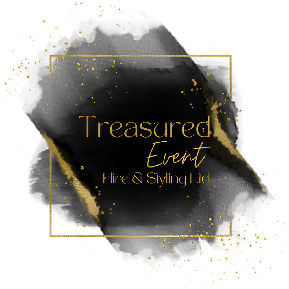 Gold text on black watercolor logo reading “Treasured Event Hire & Styling Ltd”