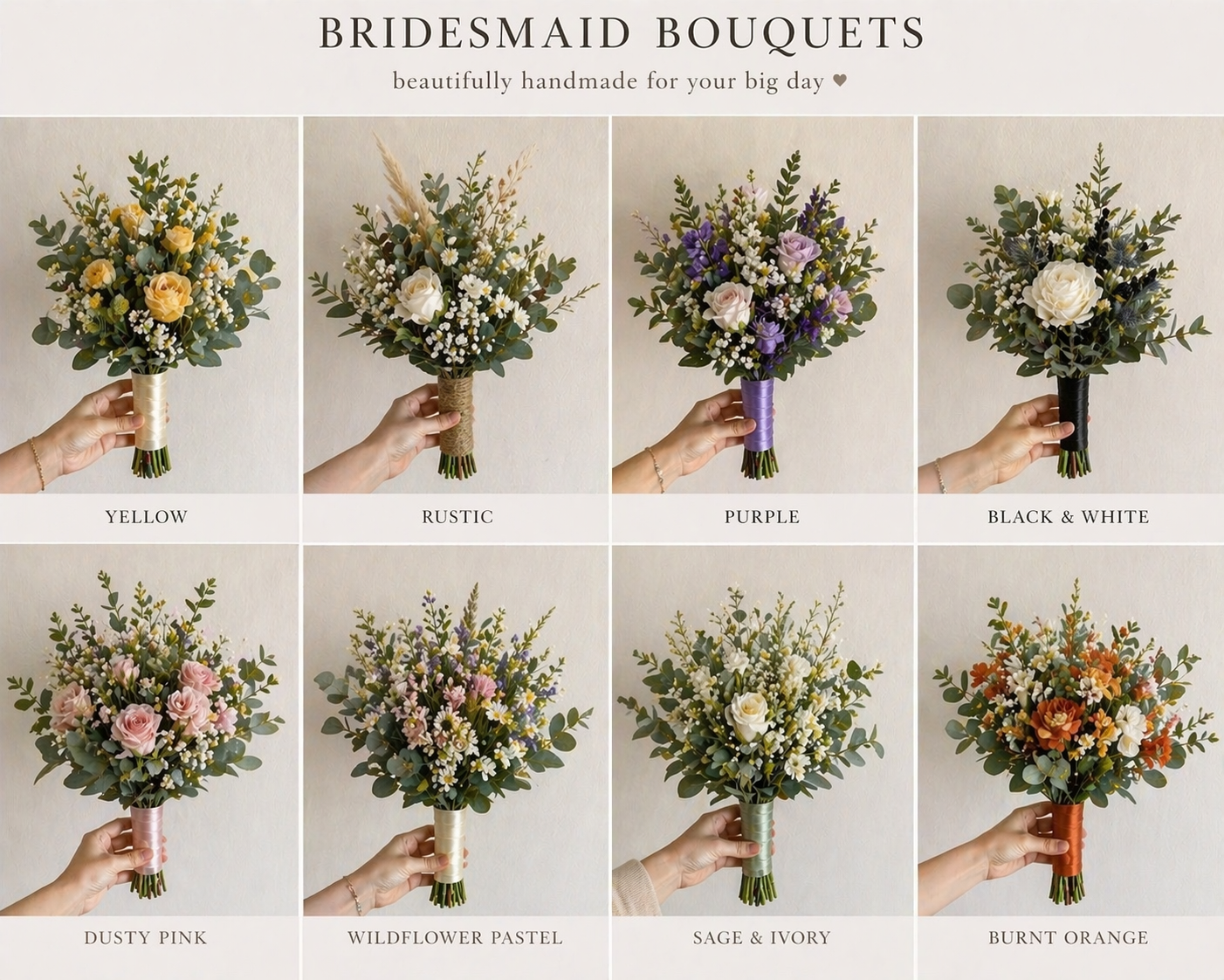 Bridesmaid bouquet collage showing eight pastel and autumn floral arrangements with price labels