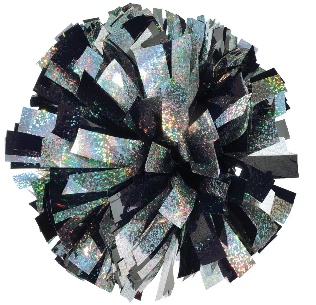 A black and silver cheer pom pom on a white background