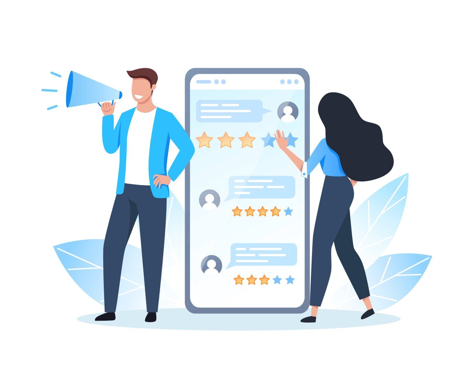Una persona con un megafono si trova accanto a un grande schermo di un telefono che mostra le recensioni degli utenti con valutazioni a stelle e commenti.