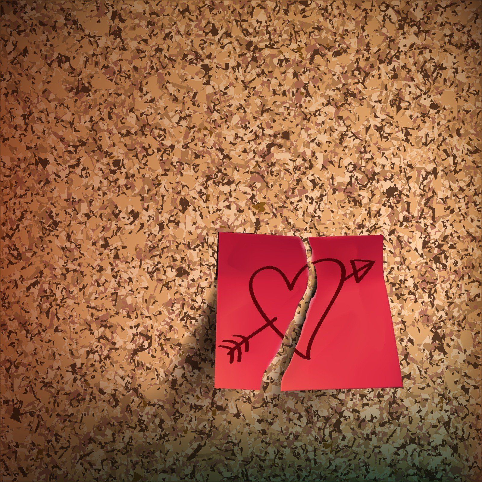 Un quadratino di carta rossa strappato, su cui è disegnato un cuore trafitto da una freccia, è appuntato su una bacheca di sughero.