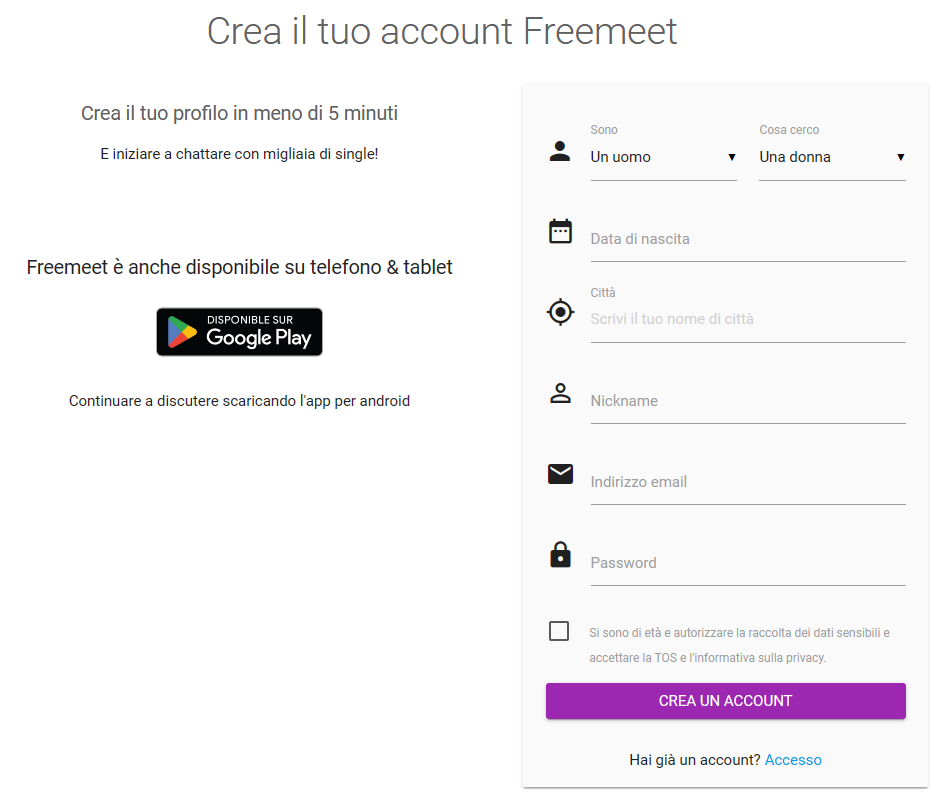 Fremeet creazione account