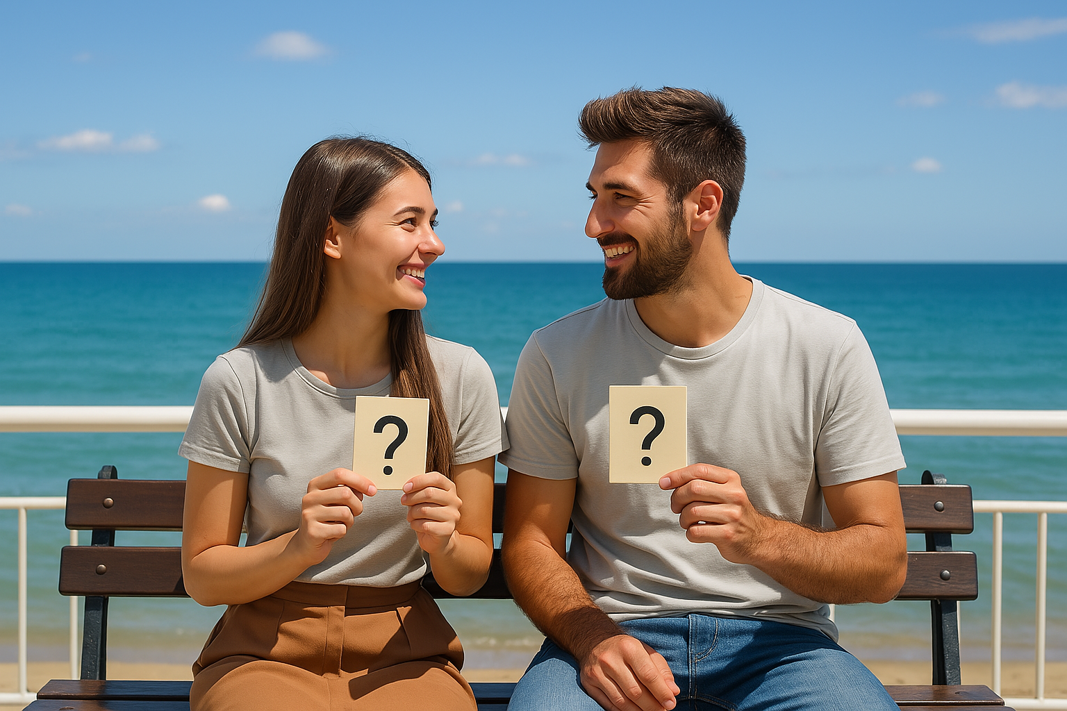 Coppia sorridente su una panchina in riva al mare  che tiene in mano cartelli con punti interrogativi.