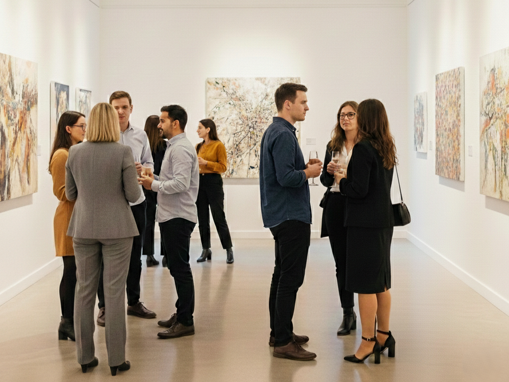 Un uomo e una donna sono in piedi uno accanto all'altro in una Fiera d'arte