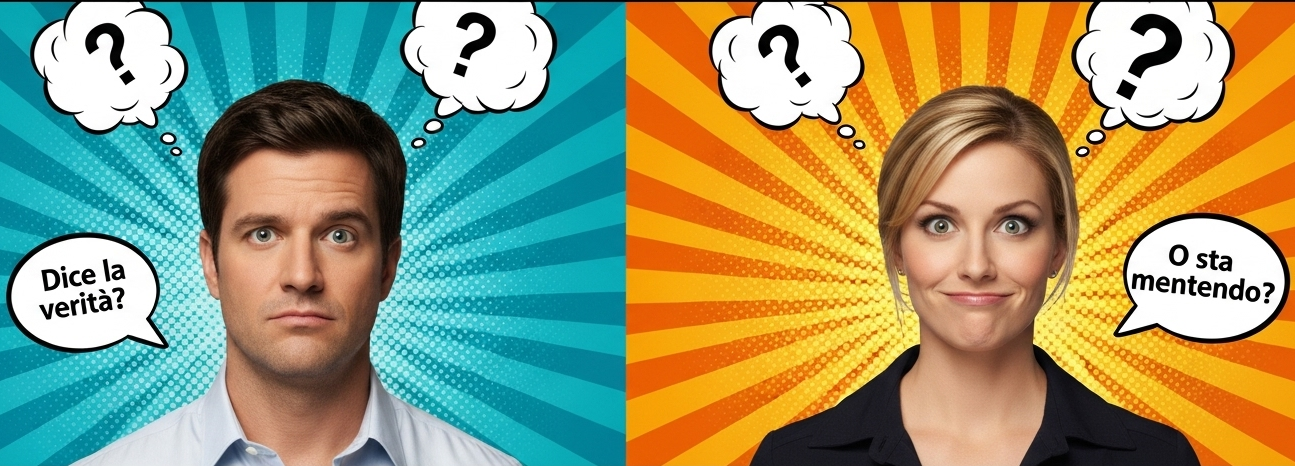 Uomo e donna con punti interrogativi: webinar Lie to me per riconoscere le bugie dal linguaggio del corpo
