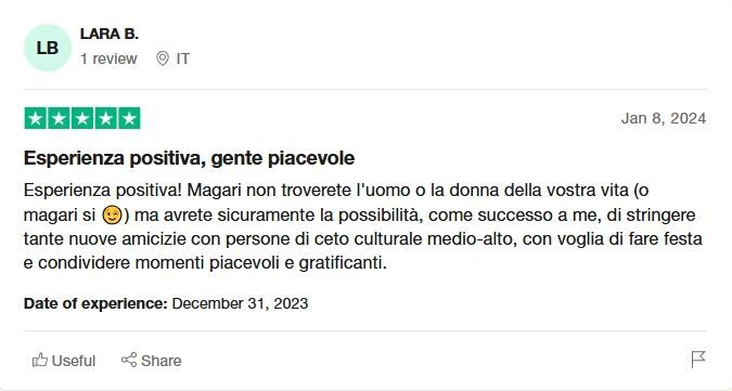 Uno screenshot di una recensione Trustpilot di lara b. su vitadasingle.net