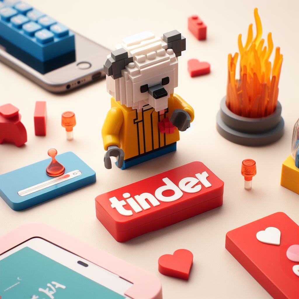 un lego orso vicino a un pulsante rosso che dice tinder