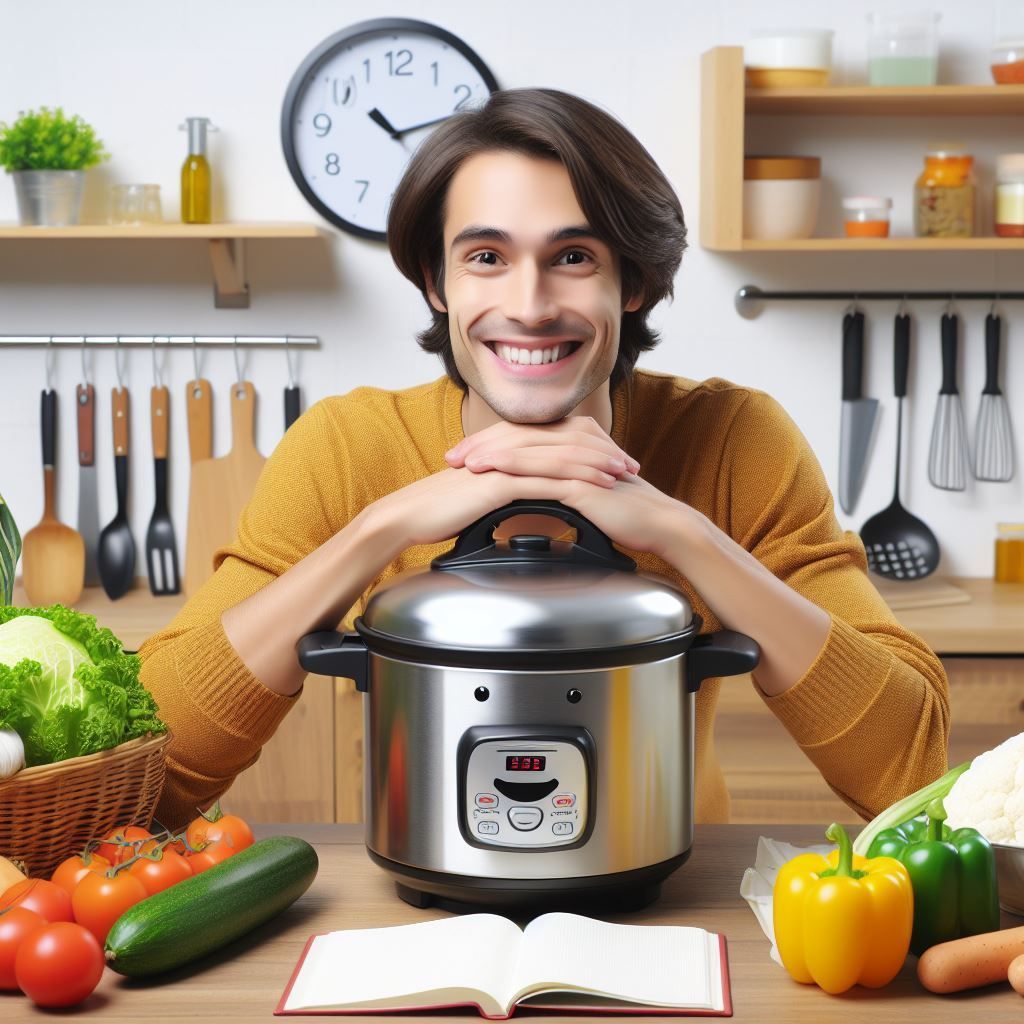 un uomo è seduto a un tavolo con verdure e una pentola a pressione
