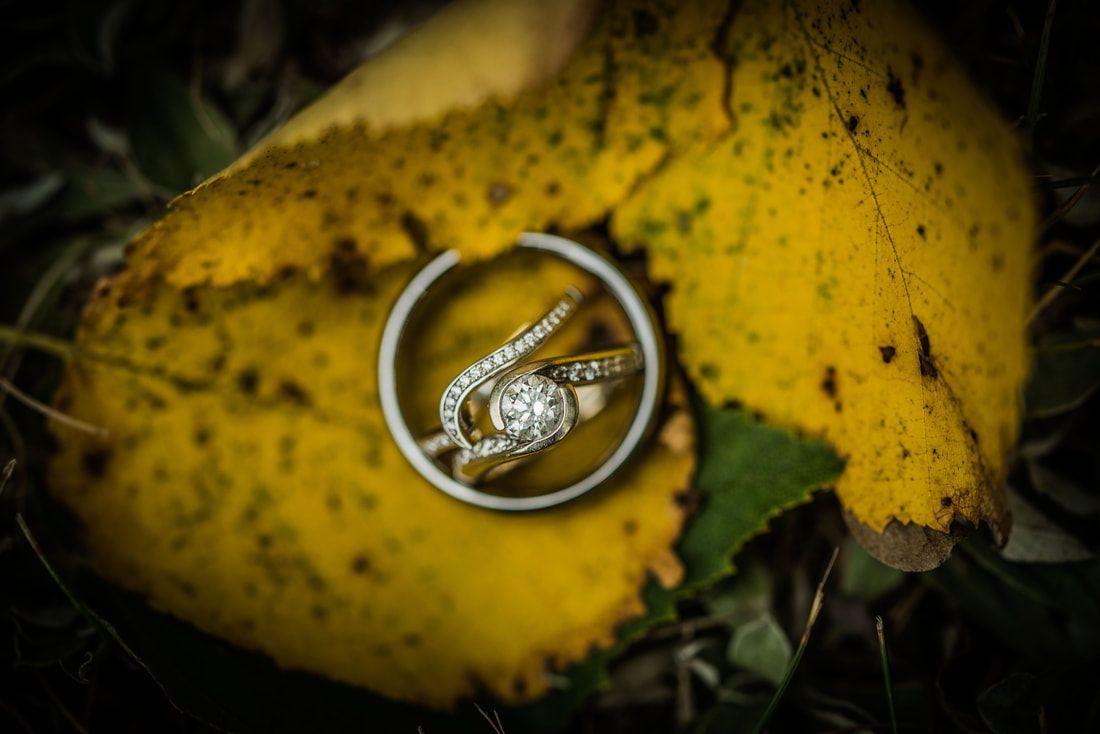 A pair of wedding rings sitting on top of a yellow leaf.