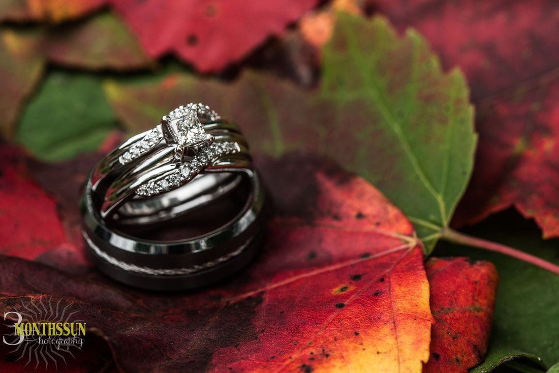 A couple of wedding rings sitting on top of a red leaf.