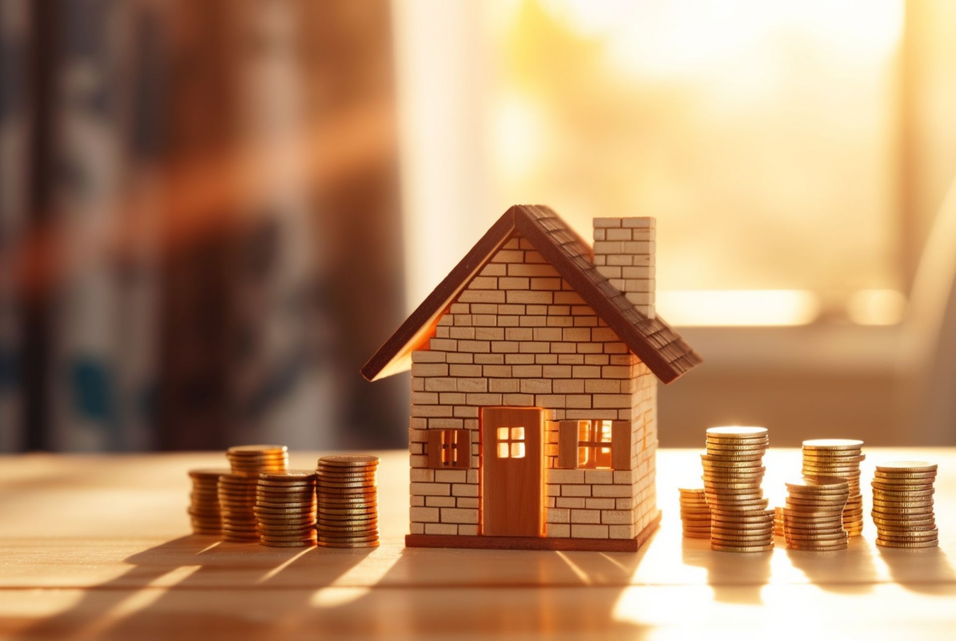 A model house is sitting on a table next to stacks of coins.