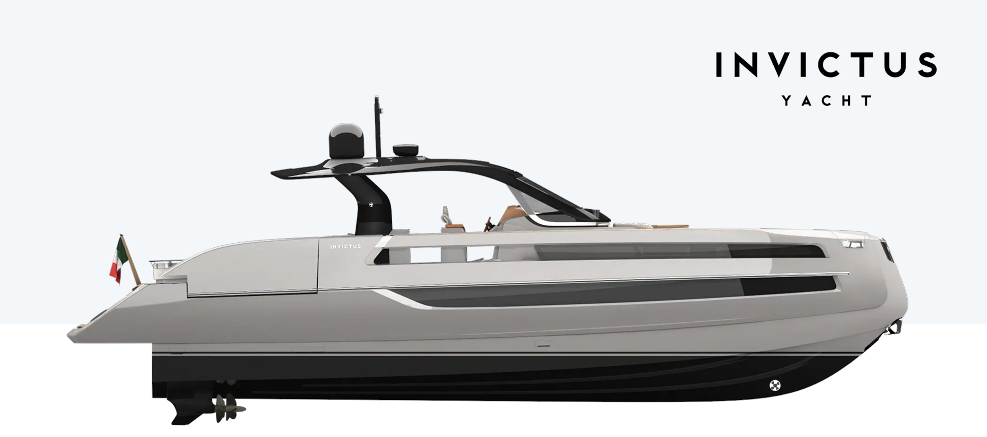Iate a motor de luxo branco, visto de perfil com detalhes em preto, com a marca “INVICTUS YACHT” sobre fundo branco.