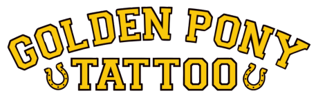 The logo for golden pony tattoo on a white background