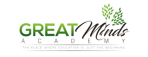 The logo for great minds academy is green and white with a tree in the background.