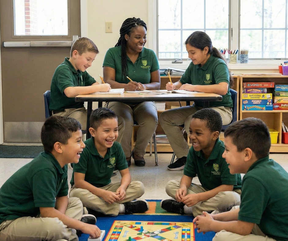 Children and an adult in a classroom; some seated at desks, some on the floor playing a board game.