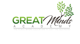 The logo for great minds academy has a tree and leaves on it.