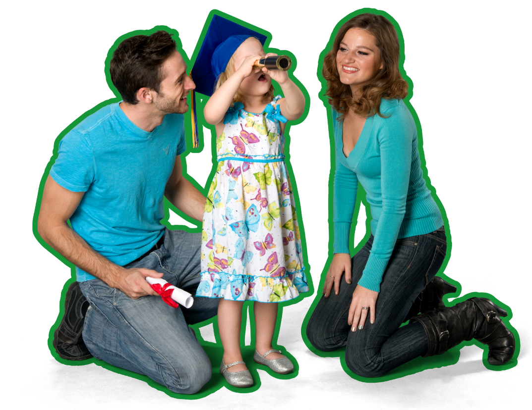 A little girl wearing a graduation cap is looking through binoculars with her parents