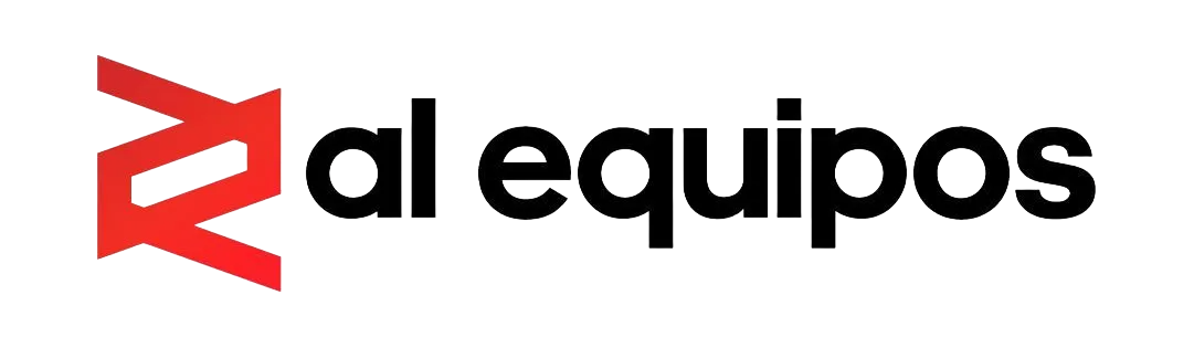 Logo de “al equipos” en negro y rojo sobre fondo blanco.