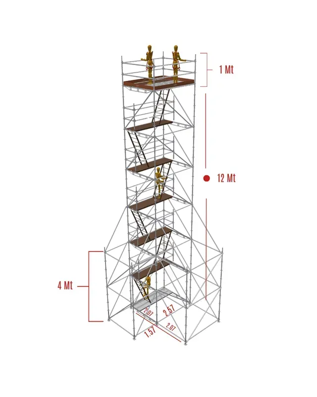 Modelo 3D de andamio con dimensiones marcadas en rojo: 1 m, 16 m y 4 m.