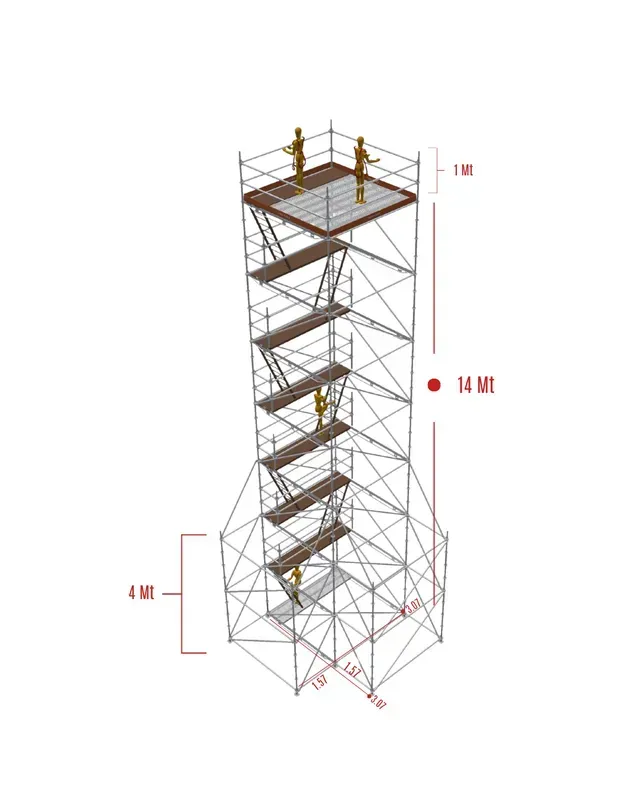 Alta torre de andamios metálicos con escaleras, barandillas y medidas de dimensiones sobre un fondo blanco.