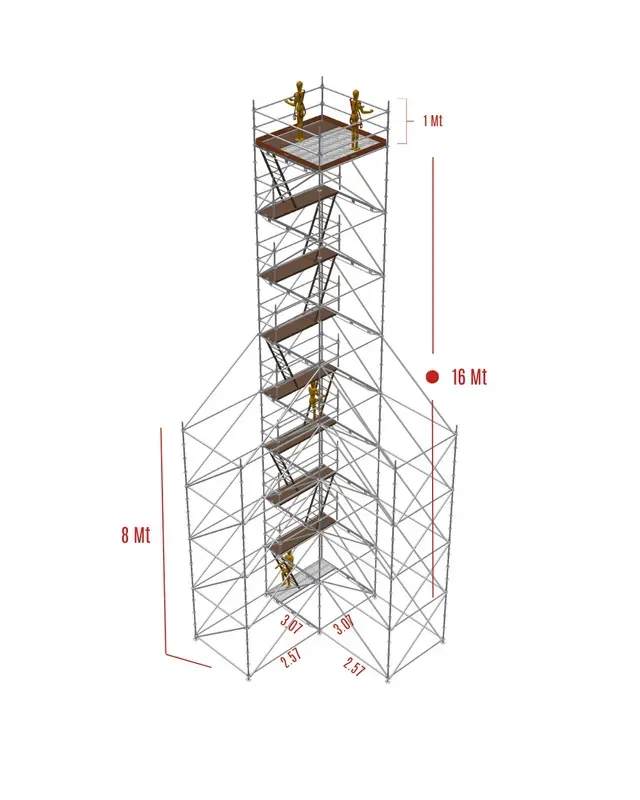 Diagrama 3D de una torre de andamios con escaleras, plataformas y etiquetas rojas que indican la altura y el tamaño de la base.