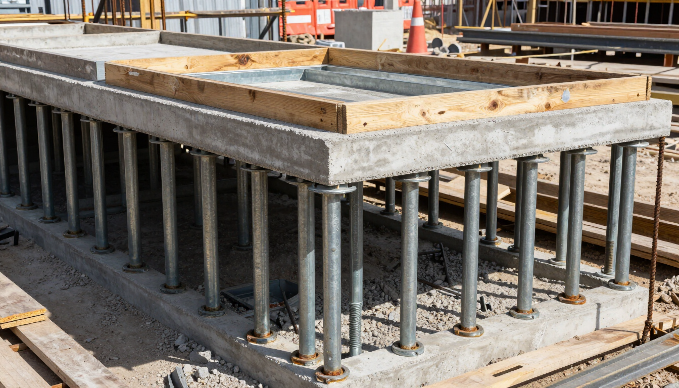 Encofrado de cimentación de hormigón con barras de acero y postes de soporte en una obra de construcción.