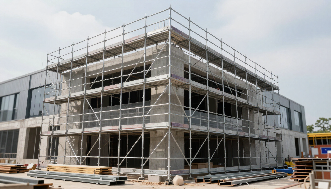 Edificio moderno en construcción con andamios alrededor del exterior.