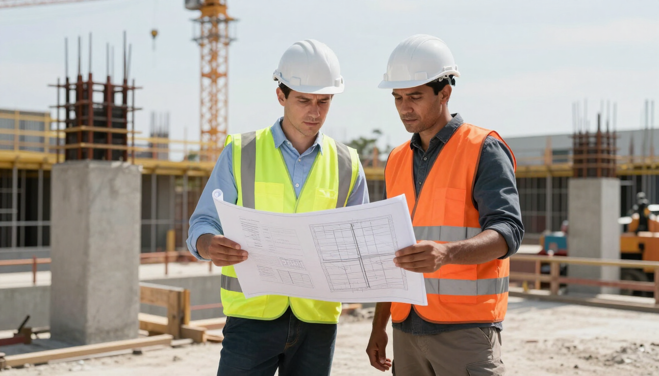 Dos obreros de la construcción, con cascos de seguridad, revisan los planos en una obra.