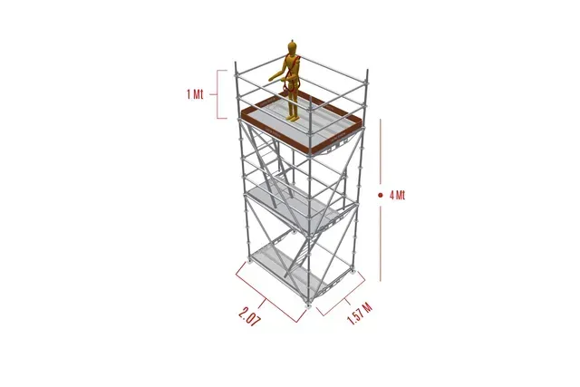 Torre de andamio con un trabajador en la plataforma superior, con medidas de altura y base.