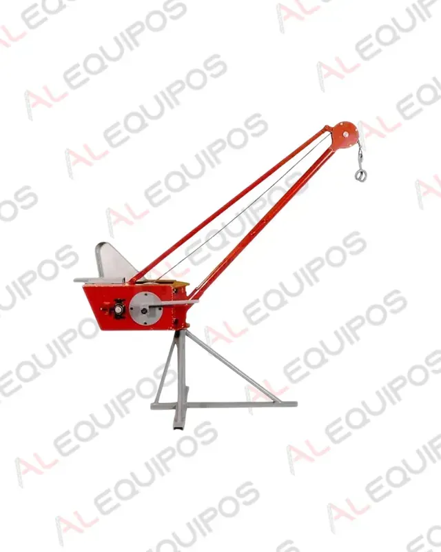 Cabrestante manual rojo con manivela y gancho largos de color naranja, montado sobre un soporte metálico.