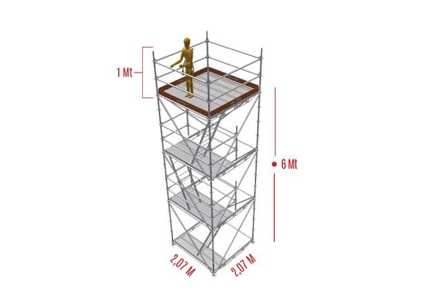 Torre de andamio con un trabajador en la plataforma superior, marcada con 6,0 m de altura y 2,0 m de ancho en la base.