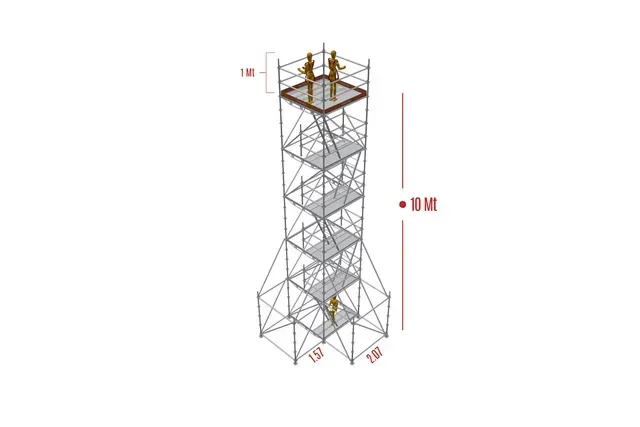 Estructura de torre de celosía de acero con plataforma superior y marcadores de dimensiones rojos sobre un fondo blanco.