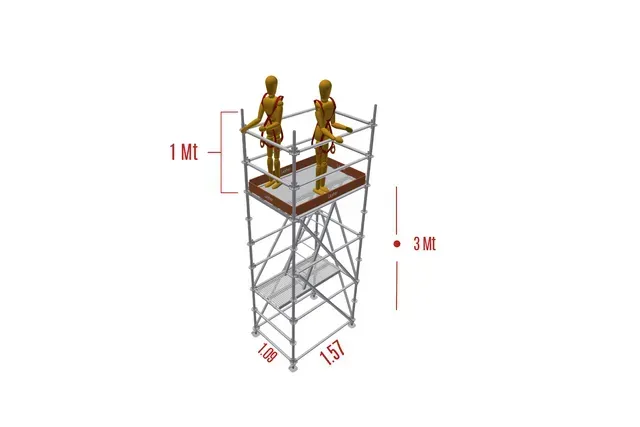Dos trabajadores en una torre de andamios con barandillas de seguridad y dimensiones etiquetadas.