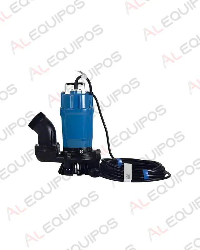 Bomba de agua sumergible azul con cable de alimentación negro y boquilla de salida, aislada sobre fondo blanco.