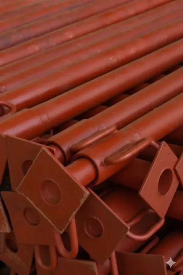Tubos metálicos rojos apilados con extremos de brida cuadrada, dispuestos en un entorno similar al de un almacén.