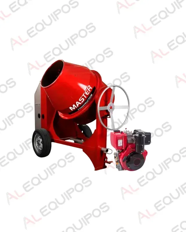 Hormigonera portátil roja con ruedas negras y motor rojo acoplado sobre un fondo blanco.