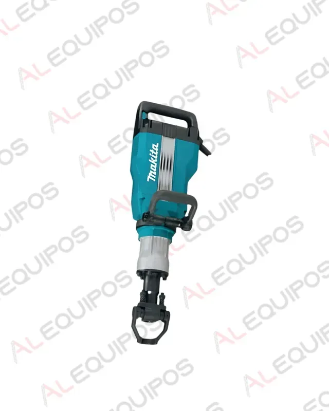 Martillo demoledor Makita azul con mango negro y punta de cincel sobre fondo blanco.
