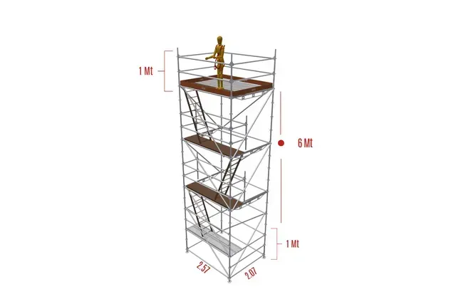 Torre de andamios de acero con dimensiones marcadas en rojo.