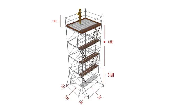 Ilustración de una torre de andamios metálicos de varios niveles con barandillas y tirantes diagonales, mostrada en vista isométrica.