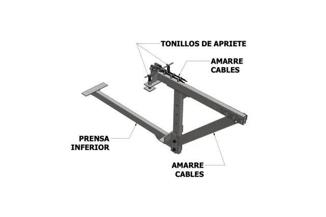 Diagrama de prensa inferior con tornillos de apriete y amarres de cables señalados.