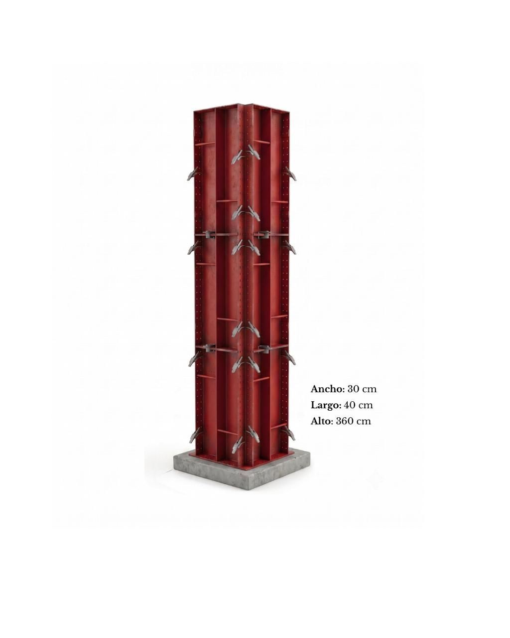 Estructura de torre de celosía de acero con plataforma superior y marcadores de dimensiones rojos sobre un fondo blanco.